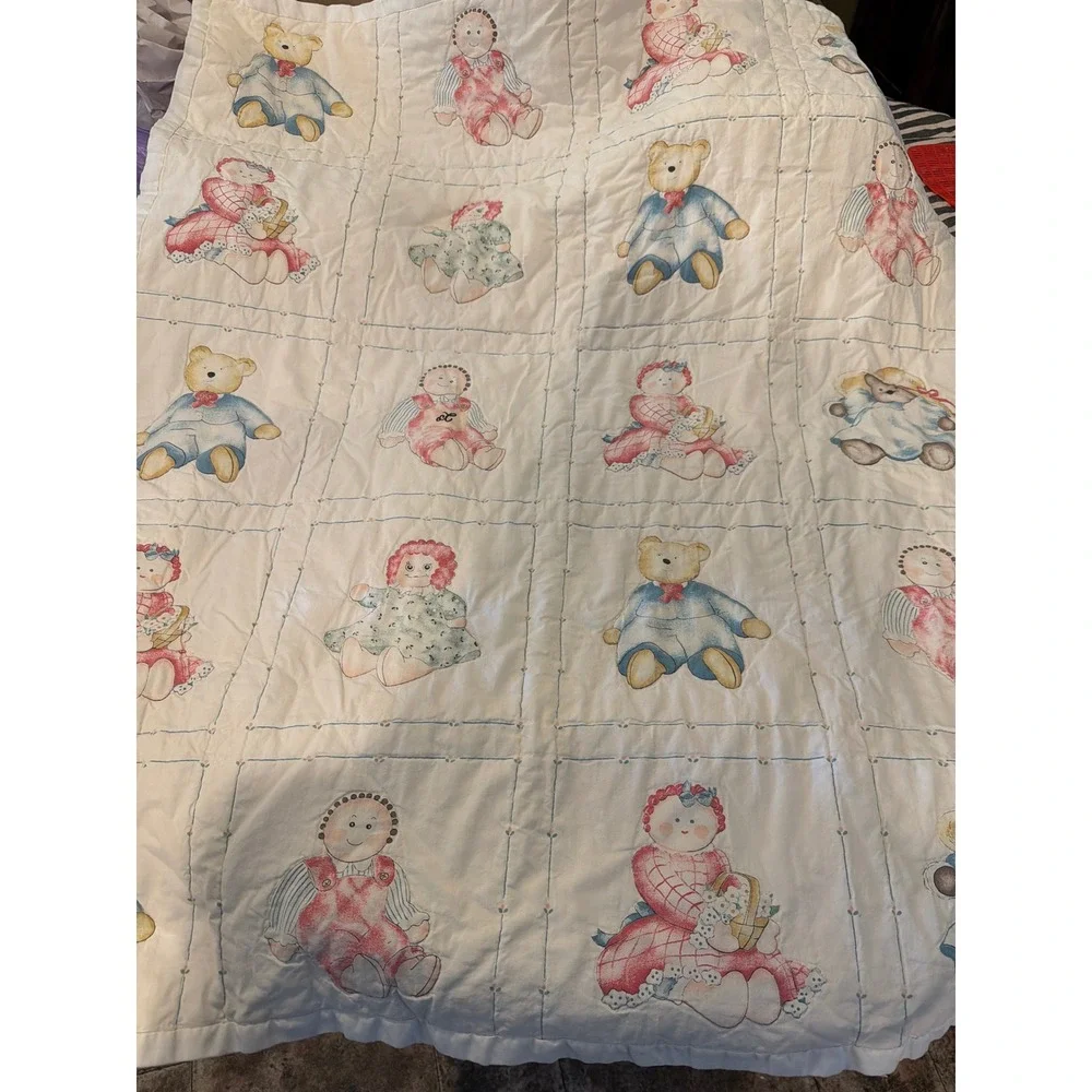 Vintage Quilted Baby Blanket Teddy Bear Rag Doll White Blue Red Nursery Bedding